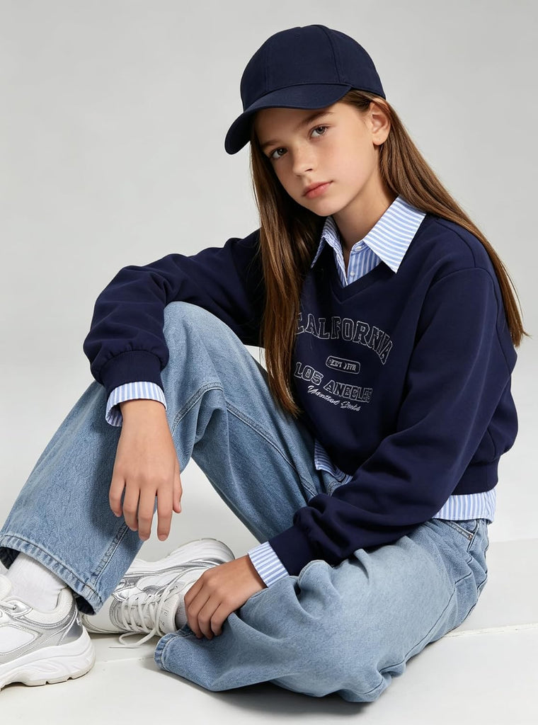 Clothes Spring Fall Spliced Fake Two Piece Long Sleeve Top & Denim Pants 2PCS Set Girl Outfits