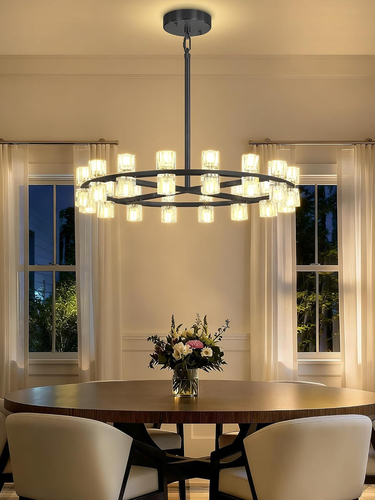 Inspired Arcachon Style Round Wagon Wheel Chandelier, 32" 32-Light Black — Foyer, Dining & Living Room