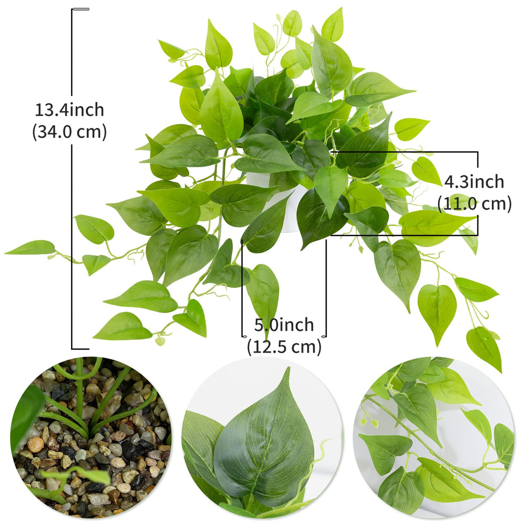 Artificial Plants Fake Pothos in White Pot, Realistic Fake Scindapsus Aureus, Faux Potted Greenery Desk Shelf