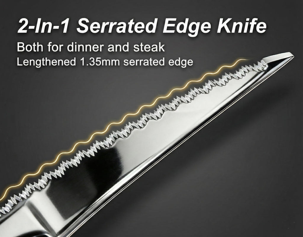 20-Piece Modern Silver Gold Hammered Silverware Set with Ultra Sharp Serrated Knives, 18/10 Stainless Steel
