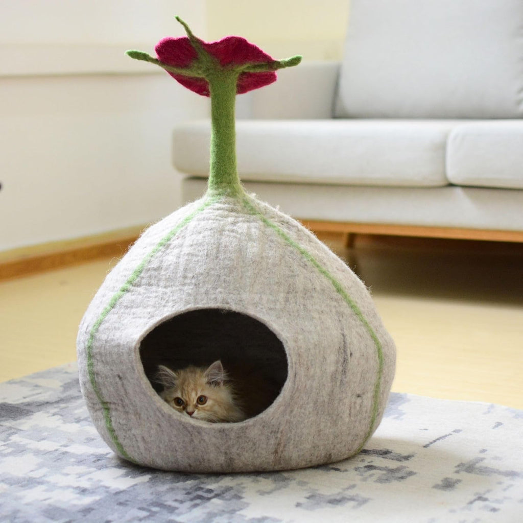 Top Flower Design Felt Cat Cave- Wool Cat Bed- Premium Pet Furniture