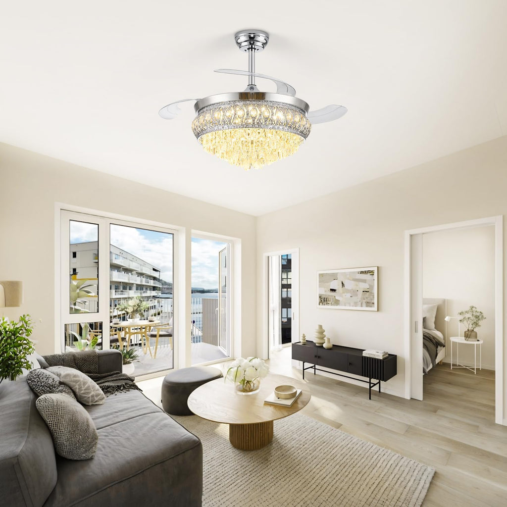 42" Fandelier Ceiling Fan with Light, Crystal Retractable Ceiling Fan with Lights and Remote, Chandelier Fans