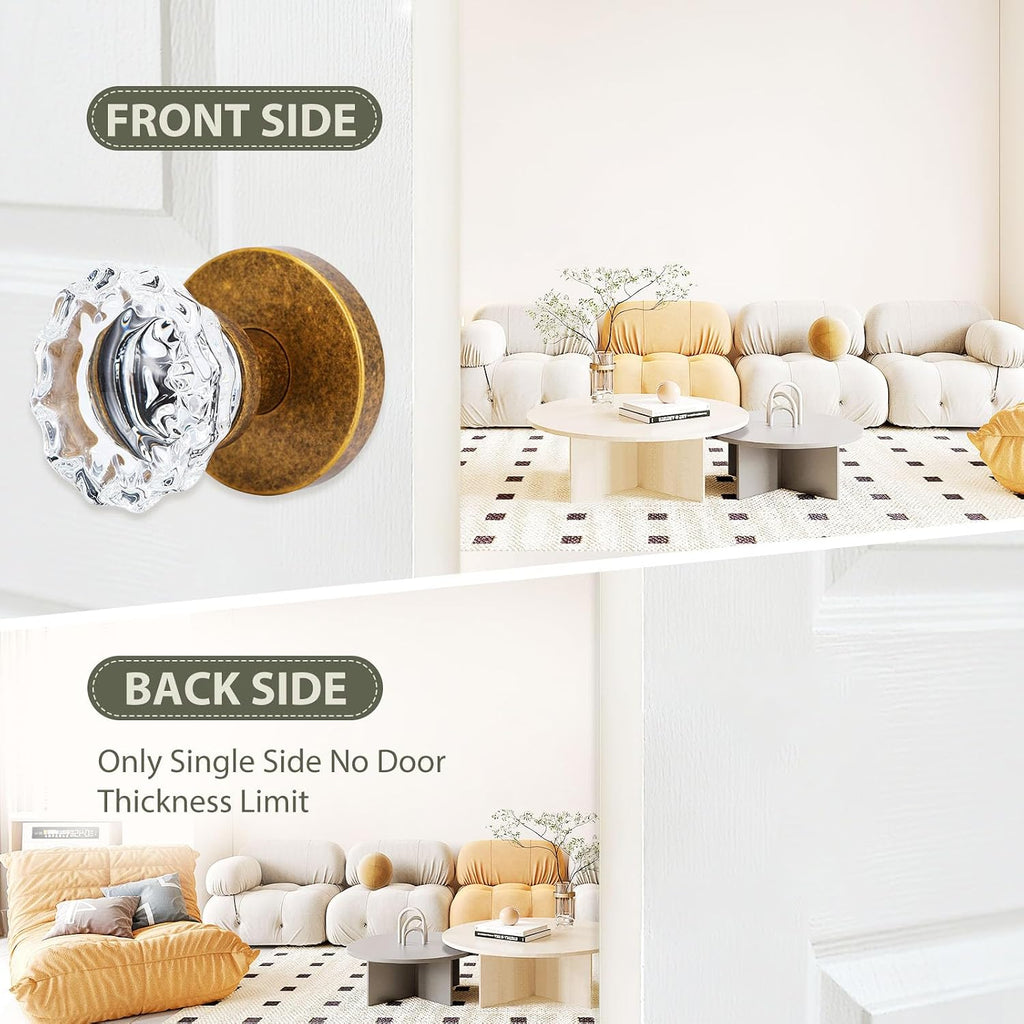 Glass Crystal Decorative Door Knobs (2 Pack, Aged Brass, Dummy)