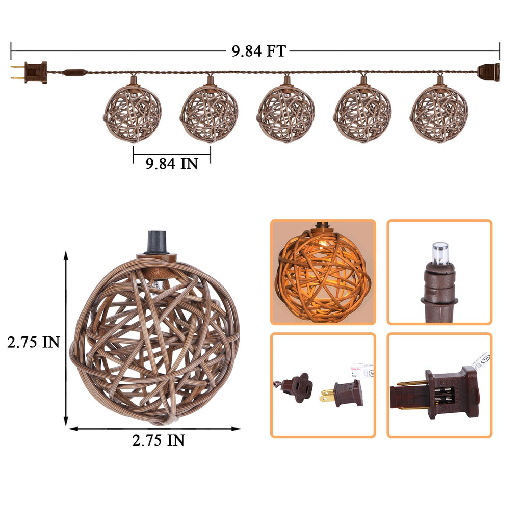 Patio String Lights, 10FT Rattan Lantern String Lights Plug in
