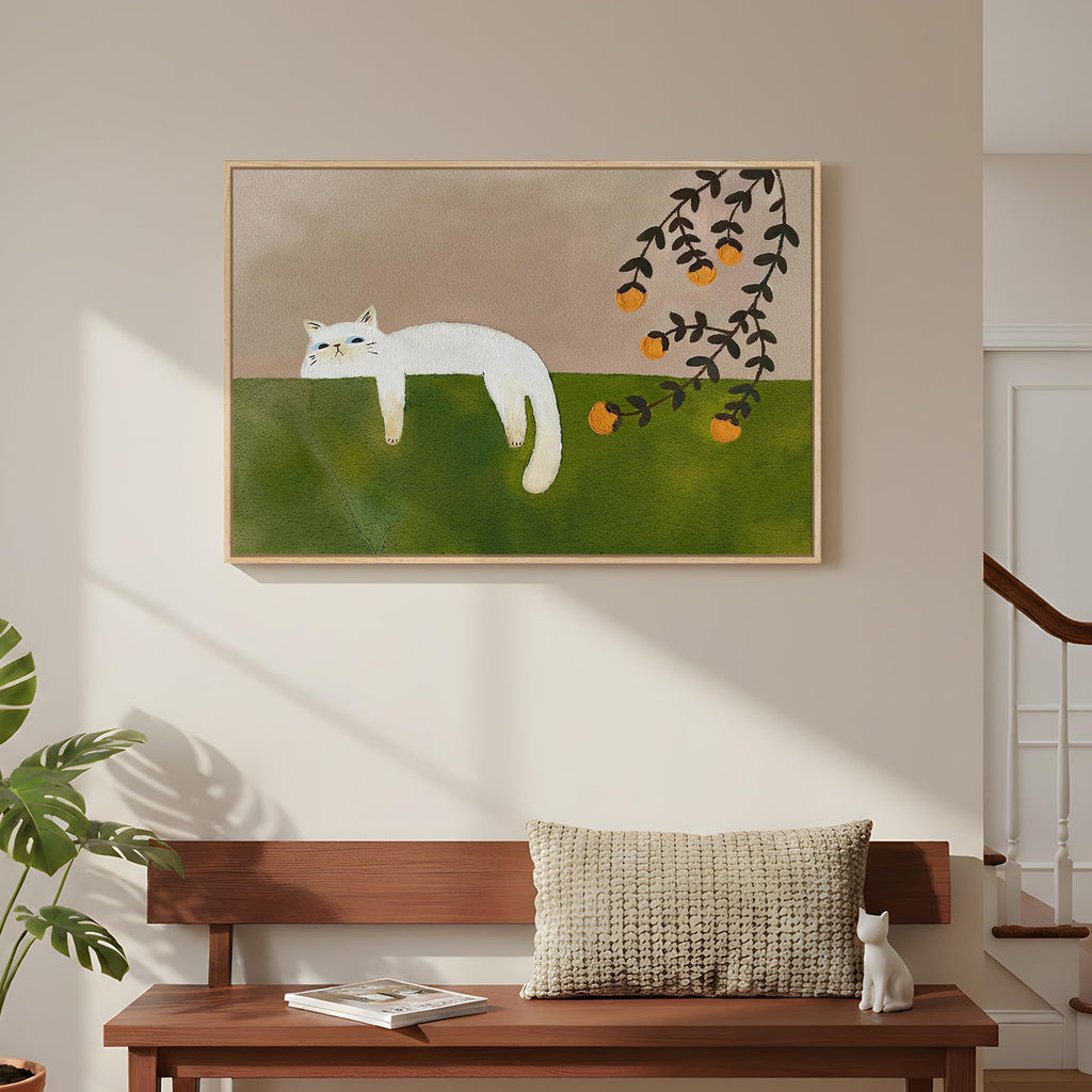 Large Framed Cozy Cat Neutral Green Canvas Wall Art Bedroom, 24x36 Inch