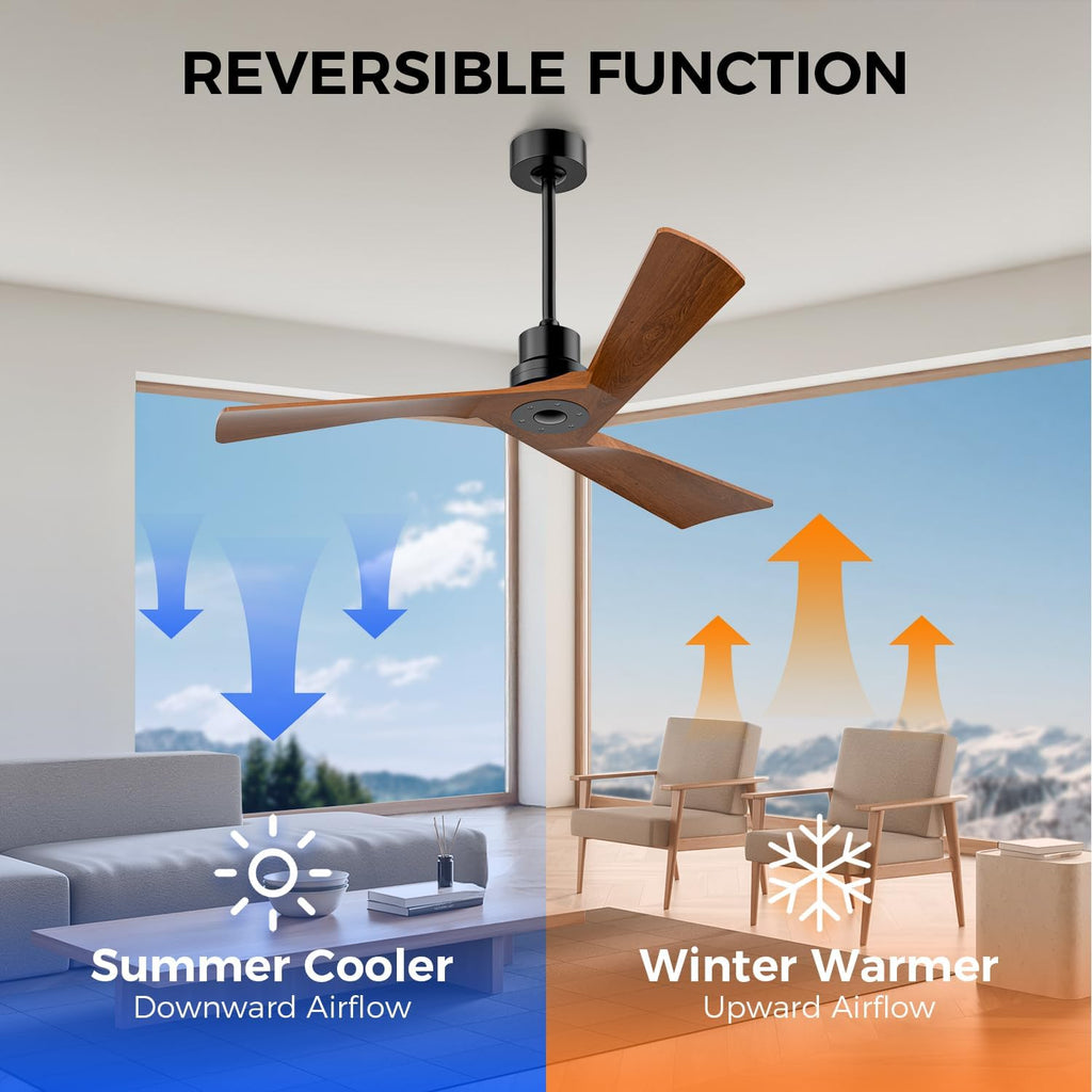 Inspired Adler Style 52" Solid Wood Ceiling Fan Without Light, 3 Sculpted Blades, Quiet DC Motor, 6-Speed Remote - Black and Walnut