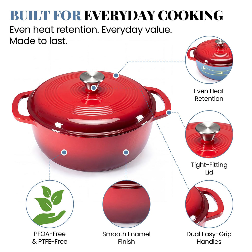 Enamel Cast Iron Dutch Oven, 6 Quart Pot with Lid, Gradient Red