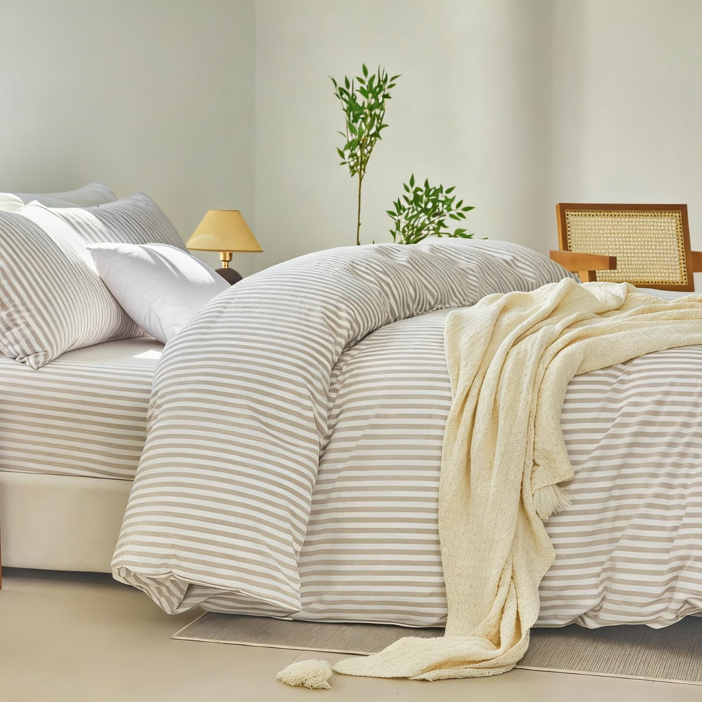 Striped Duvet Cover Set 100% Washed Cotton Linen Feel Natural Wrinkles Lightweight Comfy (, Linen Grey White