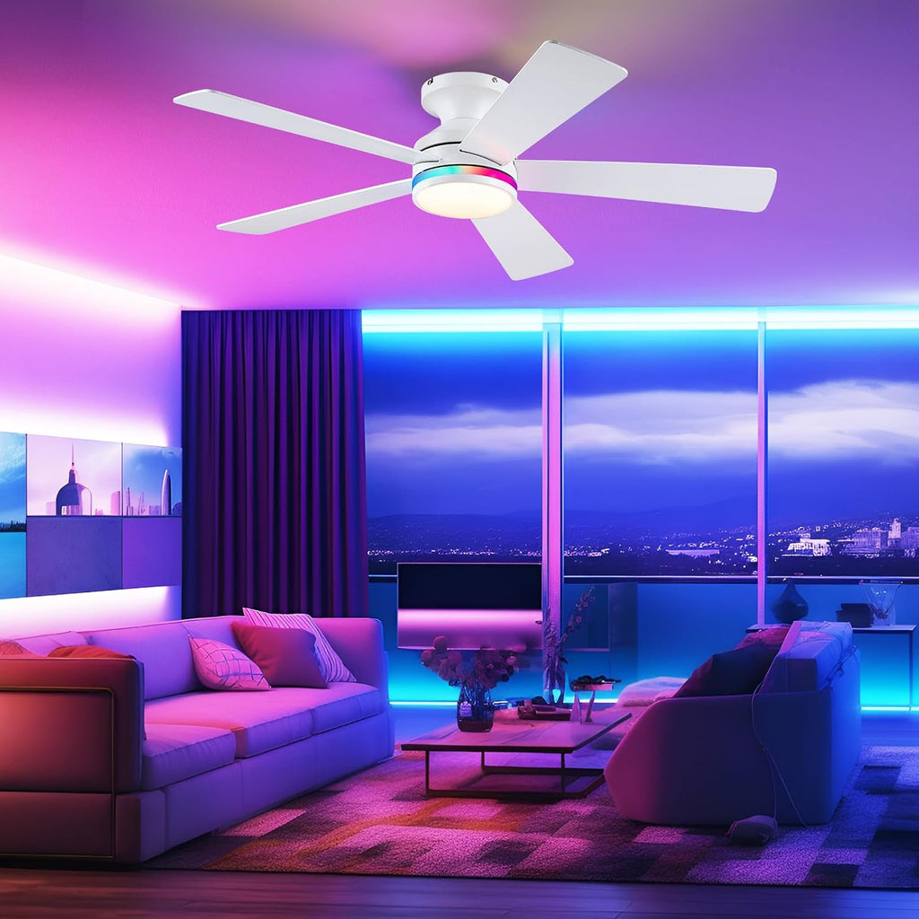 46" Flush Mount RGB Ceiling Fans with Lights - White Low Profile Ceiling Fan Light with Remote/APP, RGB+3CCT 6 Wind Speeds and Reversible, Modern Fan Light Fixture for Party, Kiad's Room A101-B0F1L6V1M2