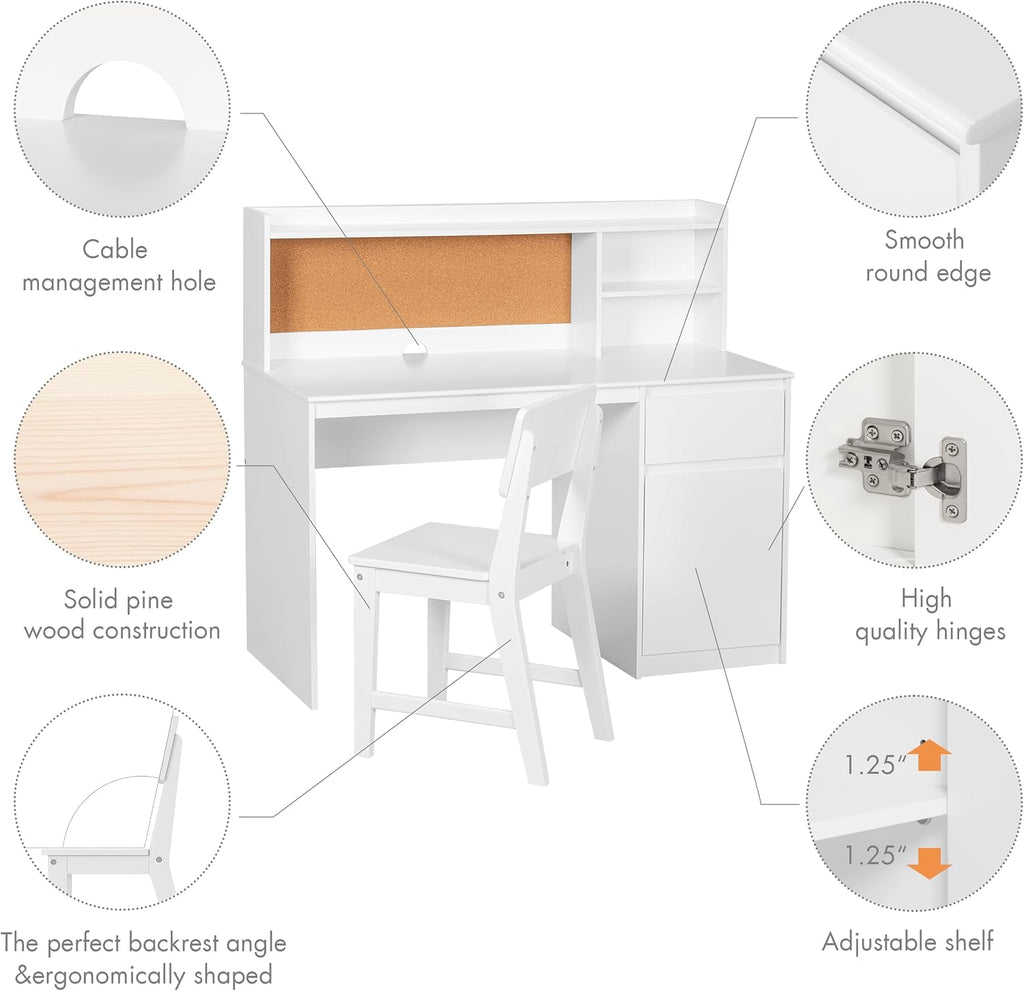 Wooden Kids Desk and Chair Set with Hutch and Storage for Ages 5-12