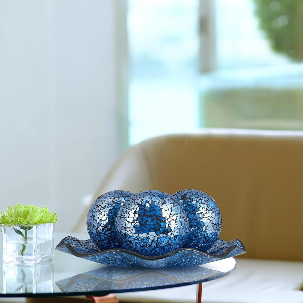 Centerpiece Bowl and Balls Set, Mosaic Tray with 3 Pieces Spheres, 12" Decorative Plate with 4" Mosaic Orbs Decor