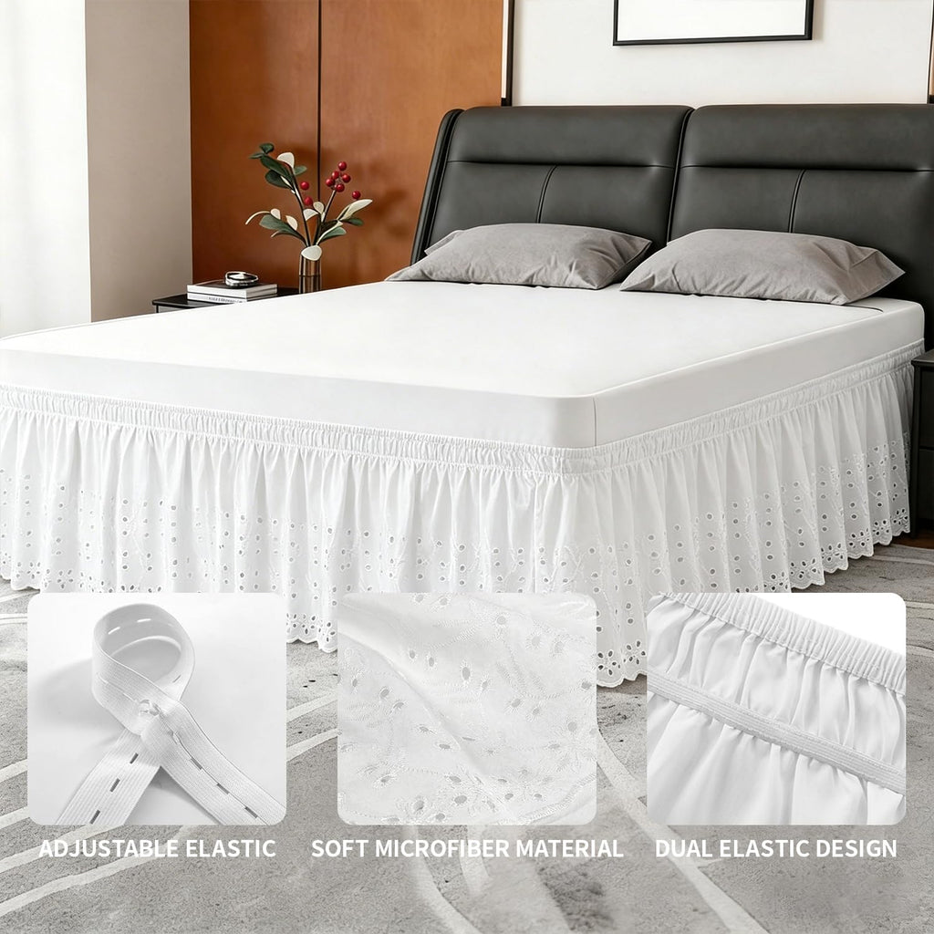 King Bed Skirt, Wrap-Around Elastic Ruffled Eyelet Bed Skirt King Size Dust Ruffle with Gathered Styling and