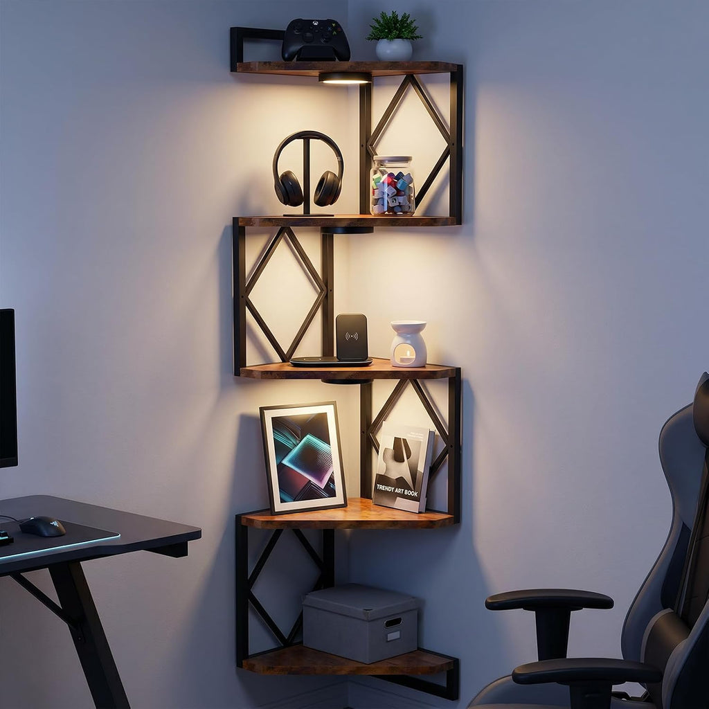 Corner Shelf Wall Mounted: 5-Tier Floating Shelves with Lights , Rustic Brown