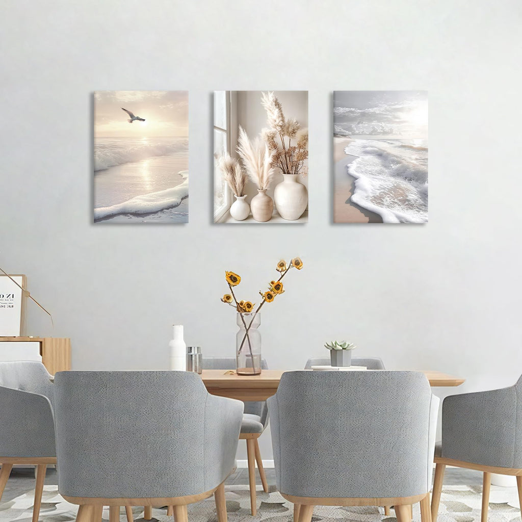 Modern Beige Abstract Beach Botanical Sunset Canvas Wall Art 16"x24"x3