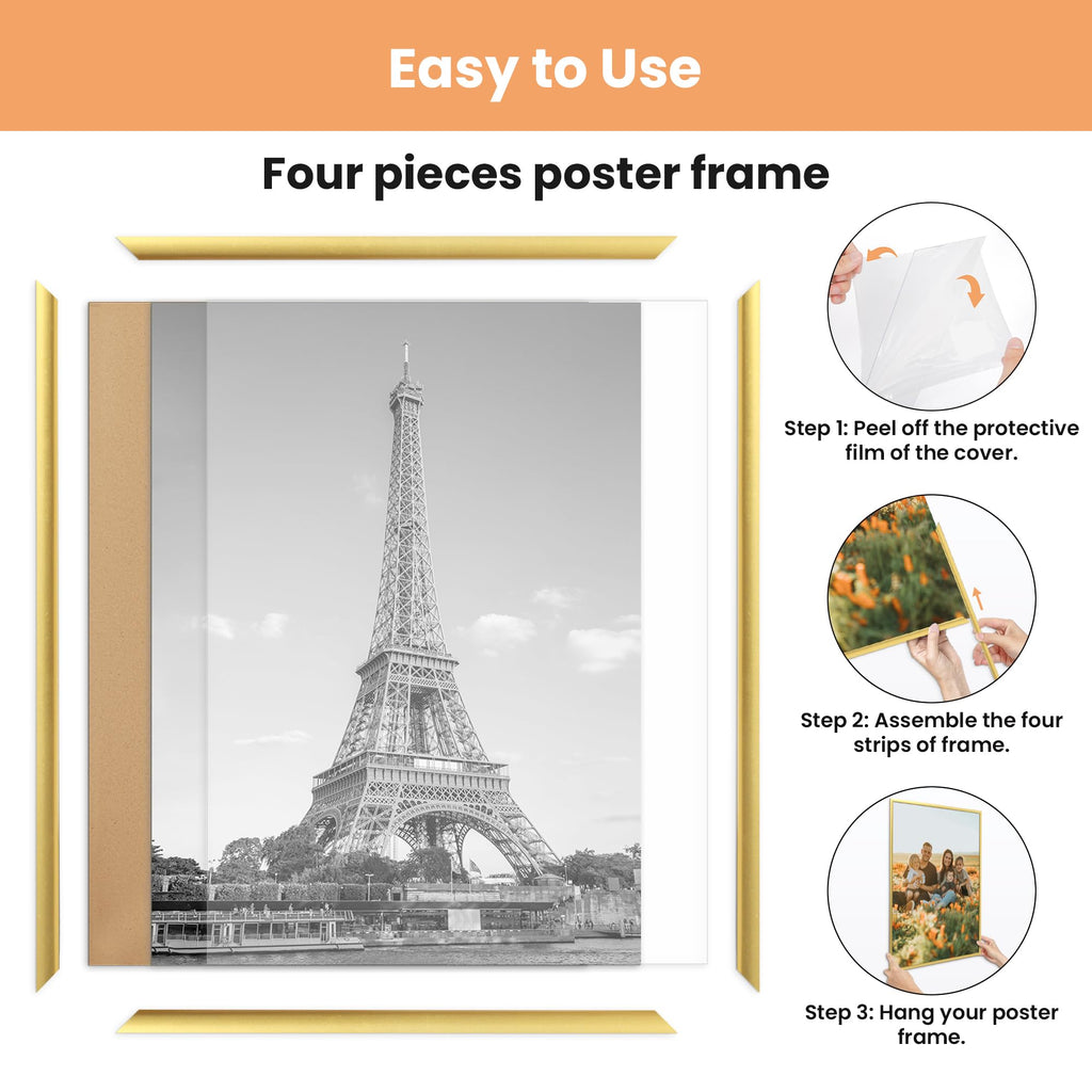 24x36 Poster Frame, Easy Slide-In Assembly, Gold, 3 Pack