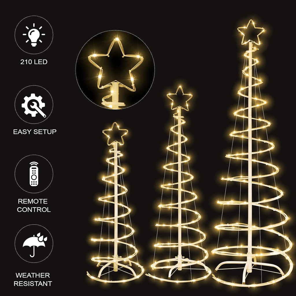 3 Packs Christmas Spiral Tree with Lights, 3/4/5 FT Lighted Xmas Collapsible Tree with Metal Stakes for Indoor &