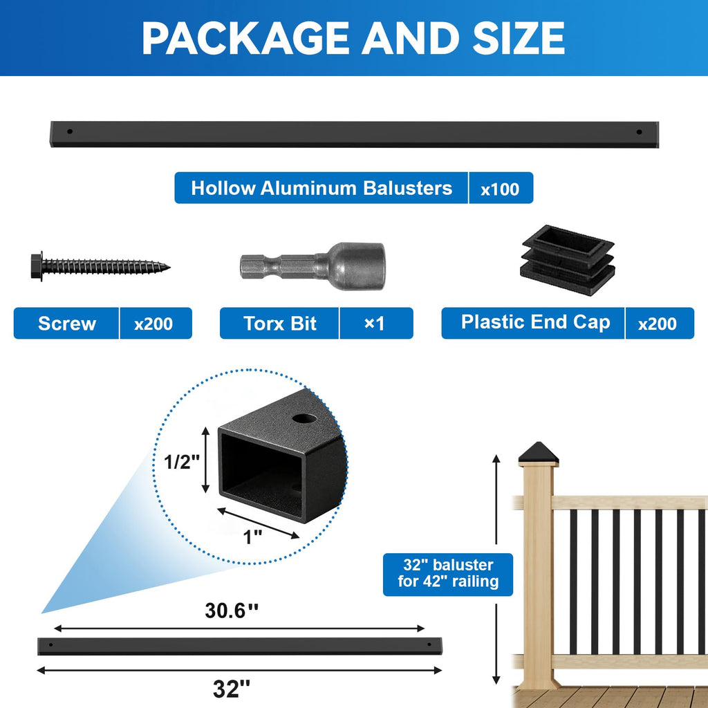 100 Pack 32" Deck Balusters, Metal Balusters for Deck Railing