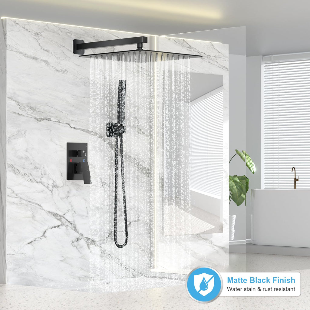 Shower Faucet Set with 16 Inch Matte Black Rain Shower Head
