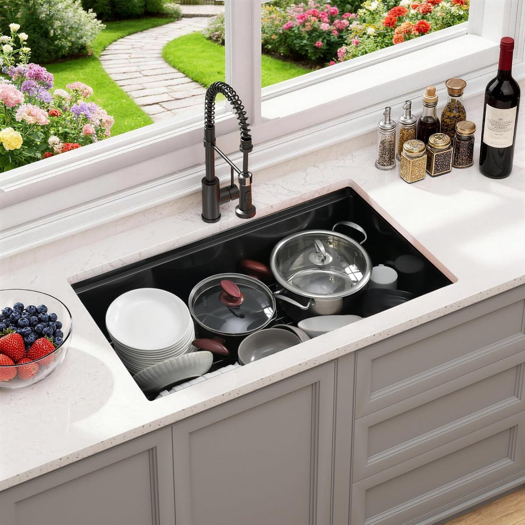 Black Stainless Steel Kitchen Sink: 32in Single Bowl Undermount Workstation | 8.625" Deep Single Bowl 304 Stainless