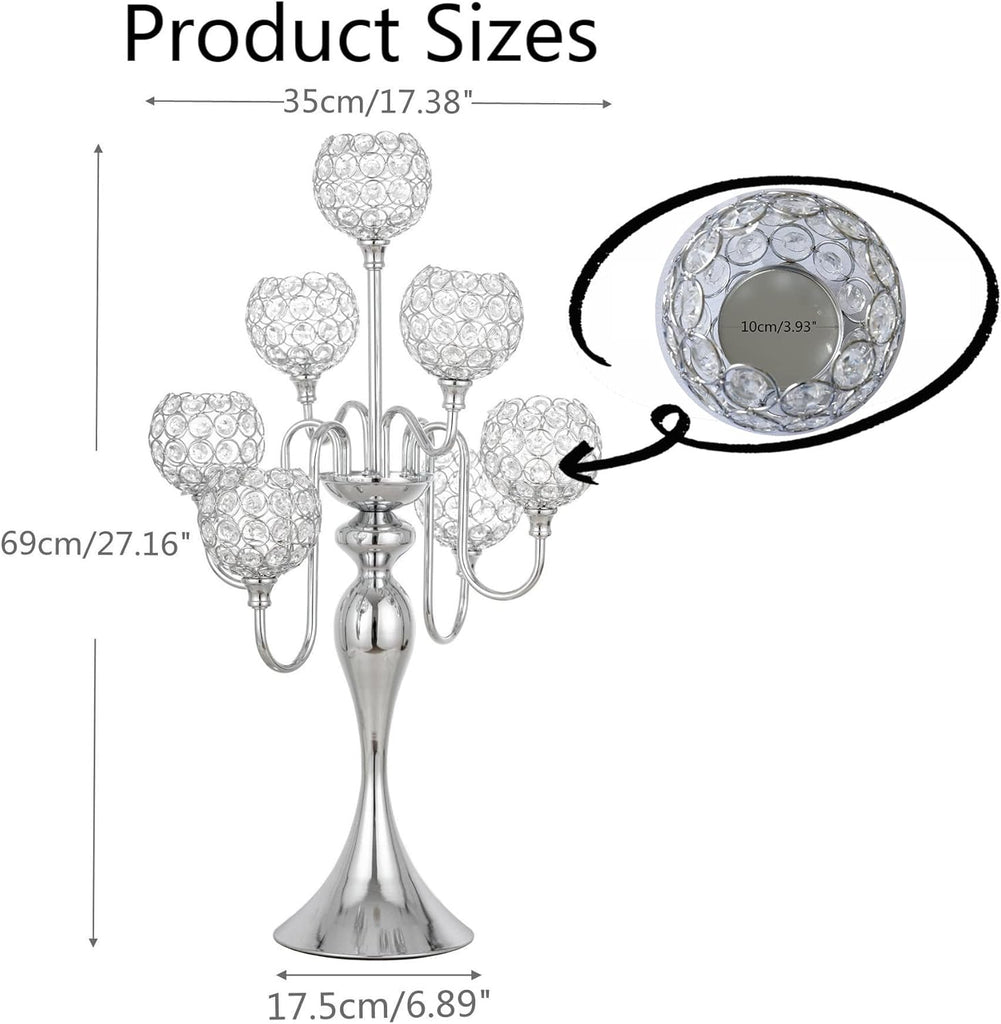 Silver Candelabra for Table Centerpiece with Crystal, 7 Arms 27.1 inch Tall Candle Holders with Globes, Dining Table