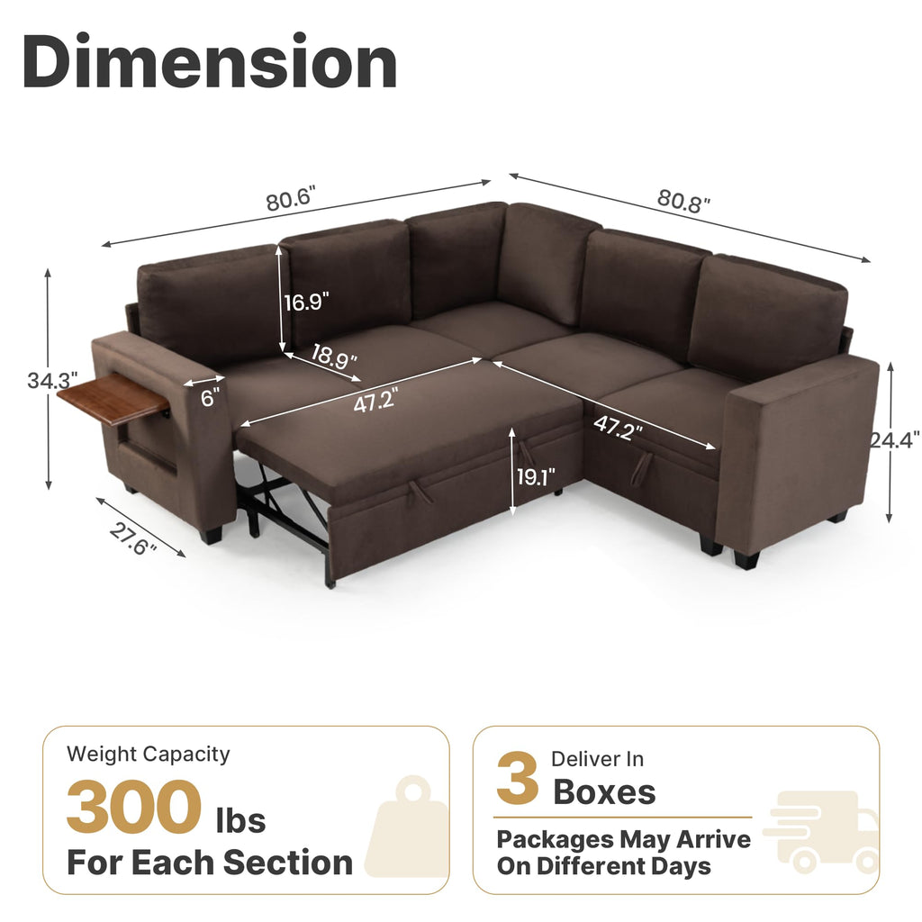 Modular Sectional Sofa with Pull Out Bed Sleeper Sofa L Shaped with Storage, Sectional Couch Convertible Sofa Bed