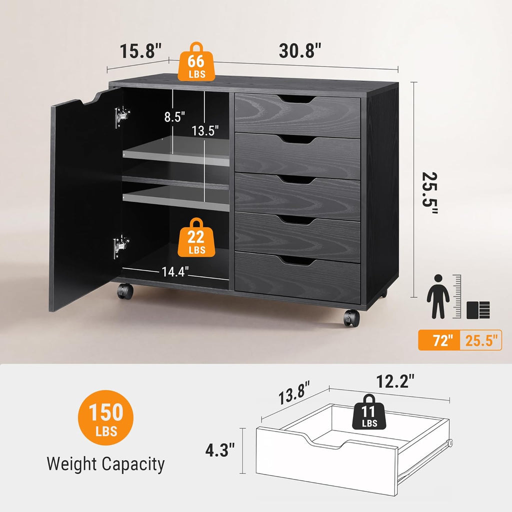 5-Drawer Wood Drawer Cabinet, Office Storage Cabinet, Black | Craft Storage Cabinet, Under Desk Drawer, Rolling Cart