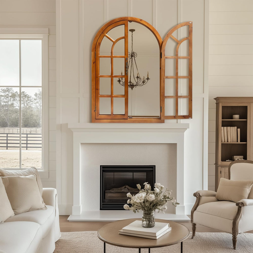 Rustic Wood Windowpane Arch Mirror, 24x36inch Vintage Farmhouse Window Pane Wall Mirror, or Bedroom Decor, Rustic