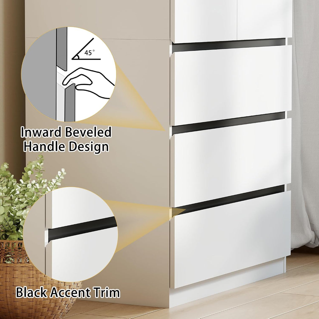 Bedroom Armoire Wardrobe Closet with 6 Drawers: White Wardrobe Closet with 4 Doors, Modern Cabinet for Clothes with