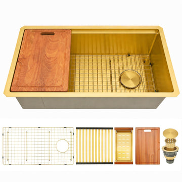 Gold Kitchen Sink Offset Drain, 33"X18" Undermount Single Bowl Sink