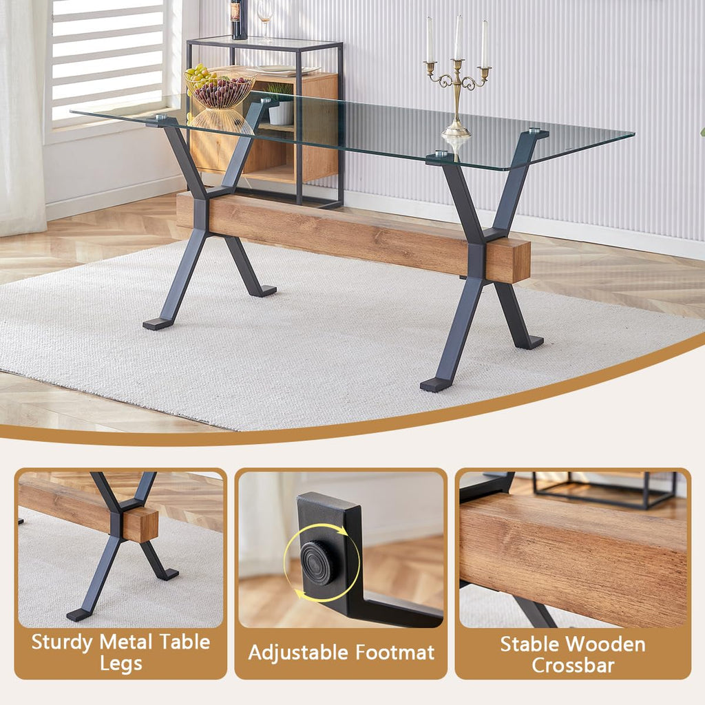 Glass Dining Table 71"|Modern Dining Table for 6-8|0.4" Thick Tempered Glass Top|Matte Black Metal Legs|Wooden