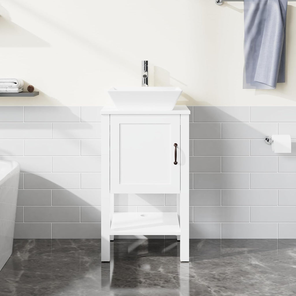 18-Inch Bathroom Vanity and Sink Combo – Freestanding Wood Storage Cabinet with Faucet and Drain, White