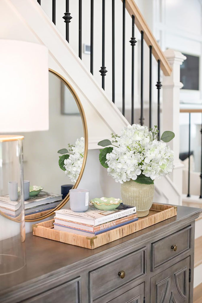 Artificial White Hydrangea in Pot with Vintage Ceramic Vase, Potted Hydrangea Arrangement - Faux Flower Centerpiece