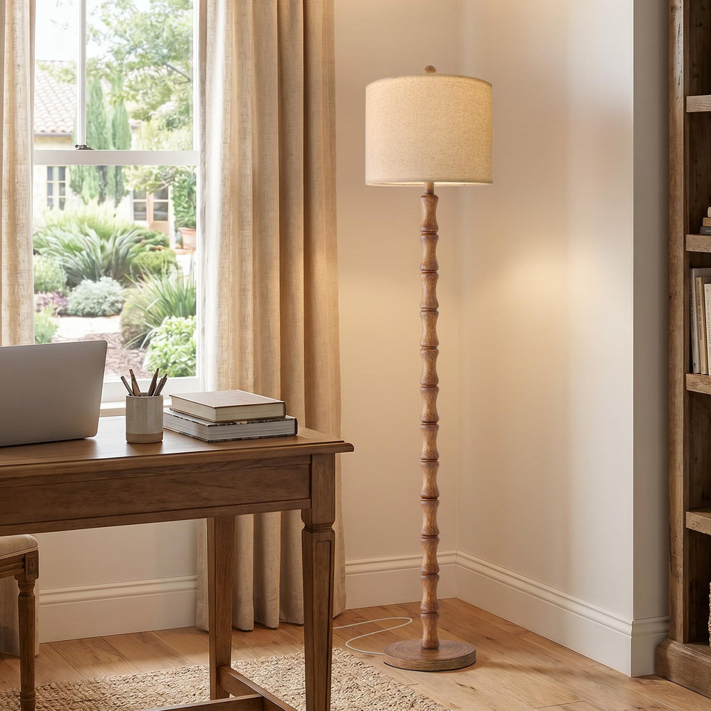 62" Farmhouse Floor Lamp, Rustic Standing Lamp with Linen Shade and Rotary Switch, Resin Corner Floor Lamp Decor