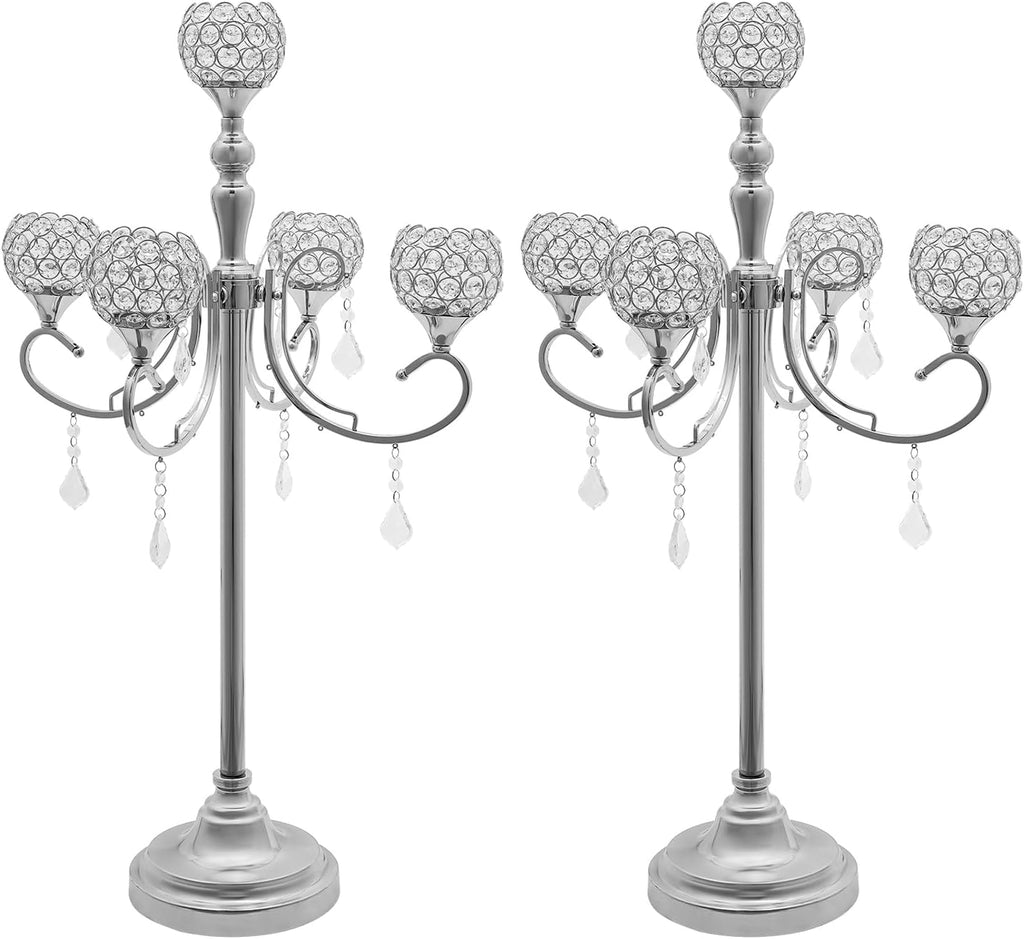 2 Pcs 5 Arm Gold Candelabra Centerpiece, 33 Inch Tall Crystal Candle Holder Centerpiece for Tables Elegant Metal