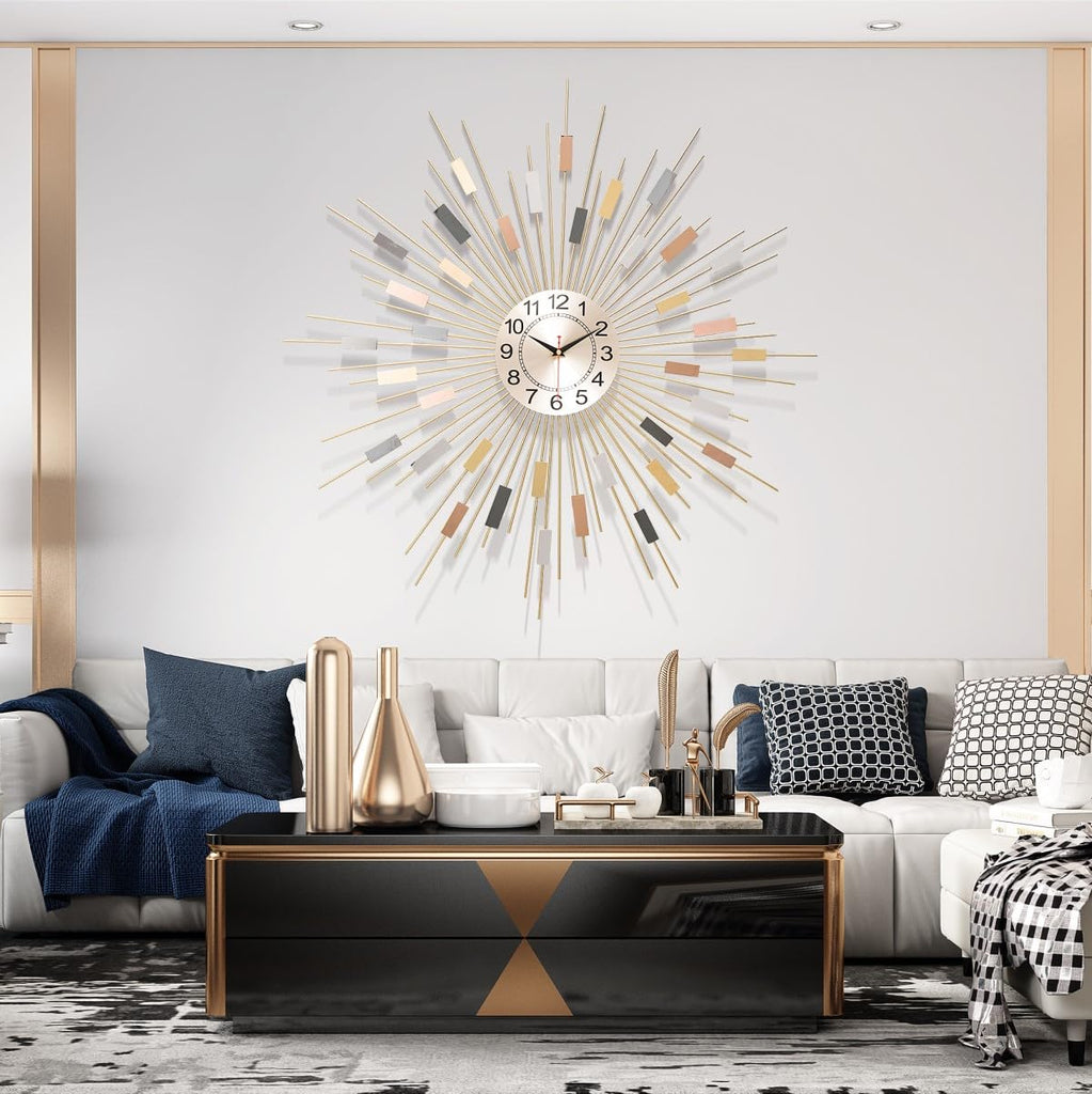 GOD 24" Large Sunburst Wall Clock, Boho Modern Farmhouse Metal Decorative Clock, Silent Non‐Ticking Battery Powered