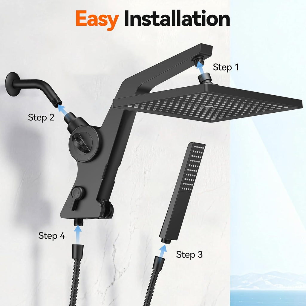 Filtered Rain Shower Head with Handheld Combo High Pressure 12'' Rainfall Shower Heads & Hidden Detachable Wand Dual