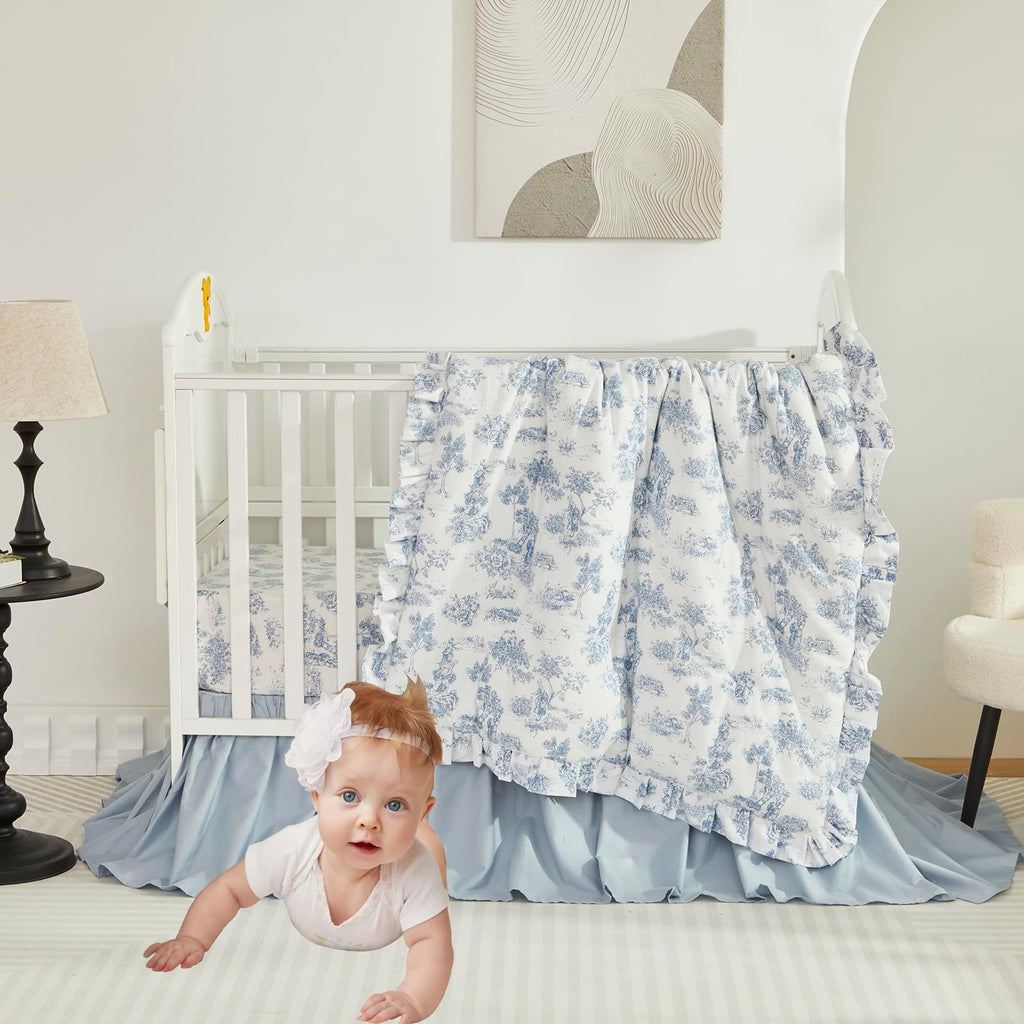 Boho Bohemian Girl Boy Baby Nursery Crib Bed Skirt Dust Ruffle - Neutral Solid Color Light Blue Farmhouse Chic 100%