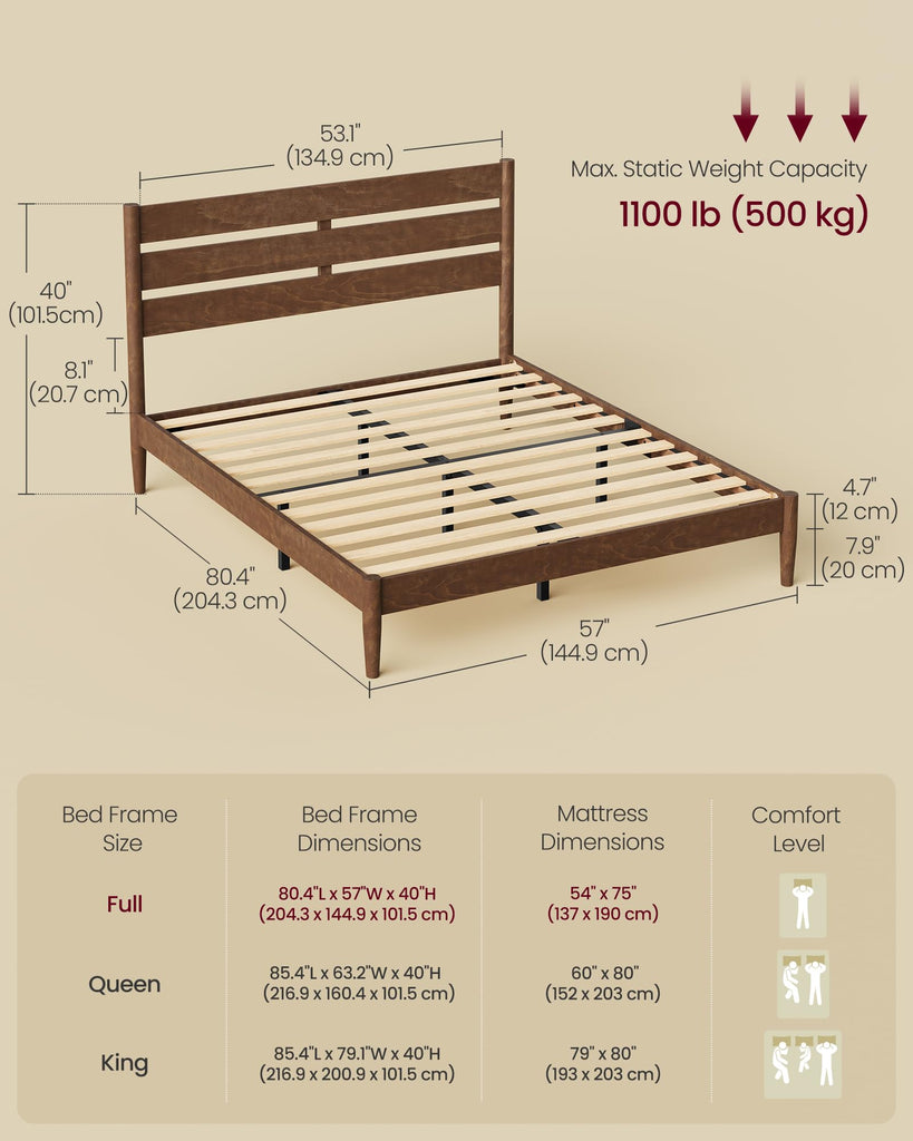 Full Bed Frame, Wood Platform Bed with Headboard Storage Shelf