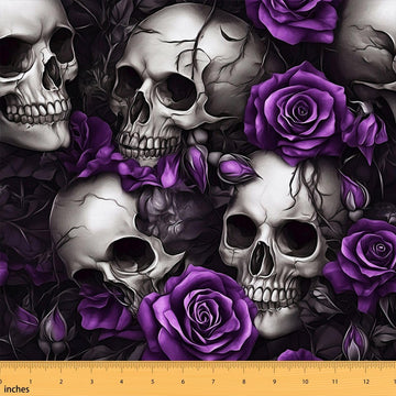 Gothic Skull Fabric by The Yard Halloween Theme Upholstery Fabric for Sewing Crafting Purple Rose Floral Blossoms