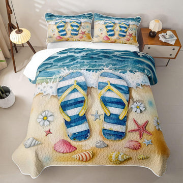 Flip Flop Quilted Bedspread Set, Seashell Starfish Microfiber Lightweight, Tropical Beach Quilt Sets for All