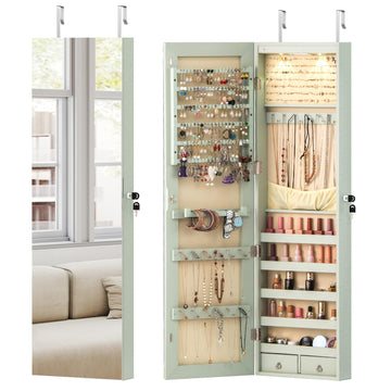 Wall Mounted Jewelry Armoire with Full Length Mirror & 2 LED Lights, Large Storage Capacity, Lockable Mirror Jewelry