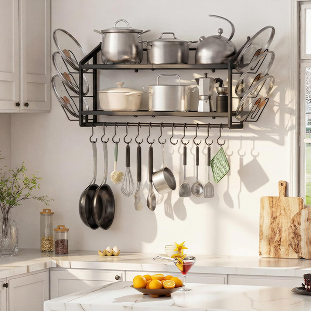 30"Pot Rack Wall Mounted with 6 Pot Lid Holders,12 Hooks for Hanging Pans