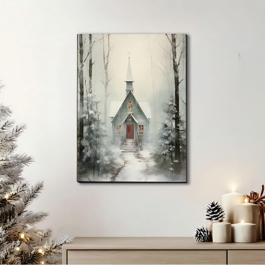Winter Cabin Wall Art Poster Print 24x36inch, Snowy Forest Scene Art, Framed Christmas Prints - Christmas Canvas