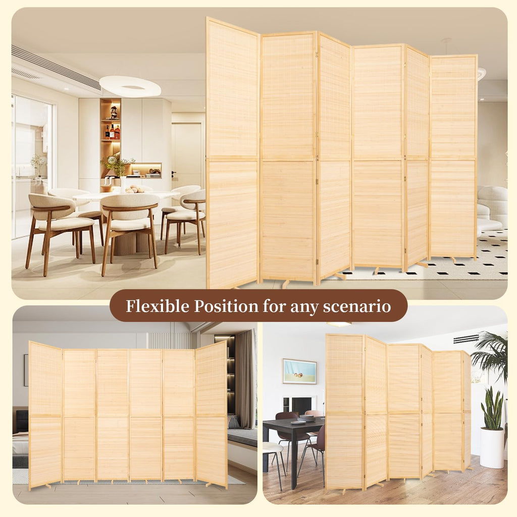 Bamboo Room Divider 6 Panel Wall Divider, Folding Screen W/Extra Stable Base
