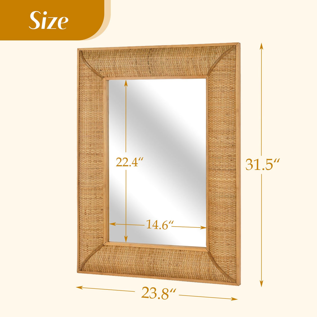 Boho Rattan Wall Mirror Wooden Framed Rectangle Mirror Rattan Decorative Farmhouse Hanging Mirror Vanity Entryway