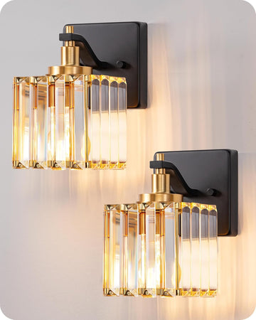 Wall Sconces Set of Two, Bathroom Light Fixtures with Crystal Shade, Modern Vanity Lights, Black Gold Lighting