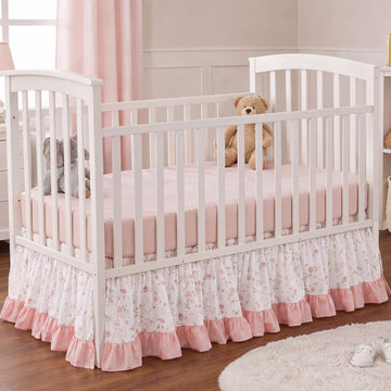 Pink Crib Skirt for Baby Girls Boys, 100% Washed Cotton Bed Skirt