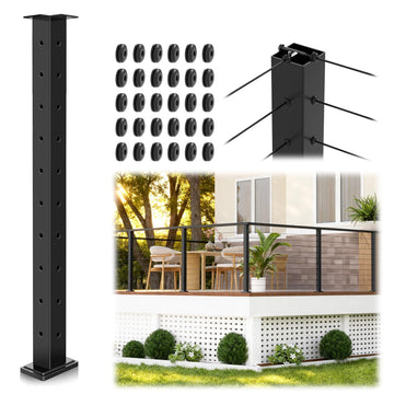 36" Black Cable Railing Corner Post, T-Drilled Three-Side Deck Post