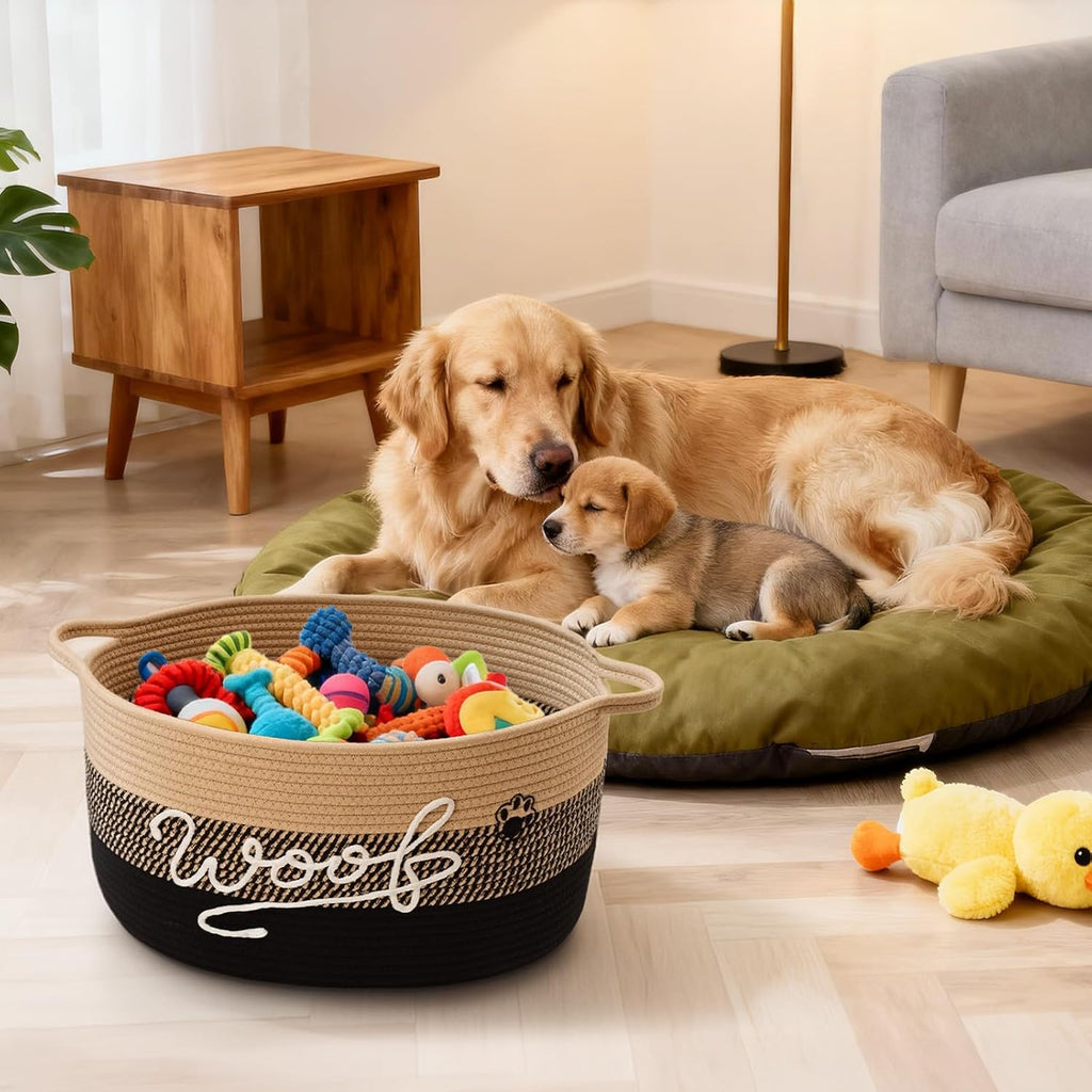 30L Woof Dog Toy Basket with Handles, Large Dog Toy Storage Bin with Paw Print, Woven Dog Basket for Blankets, Toys