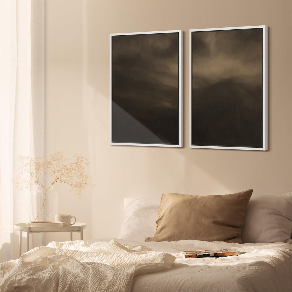 Framed Canvas Print Wall Art Set Moody Misty Landscape Soft Brown and Gray Hues Illustration Modern Art Decorative